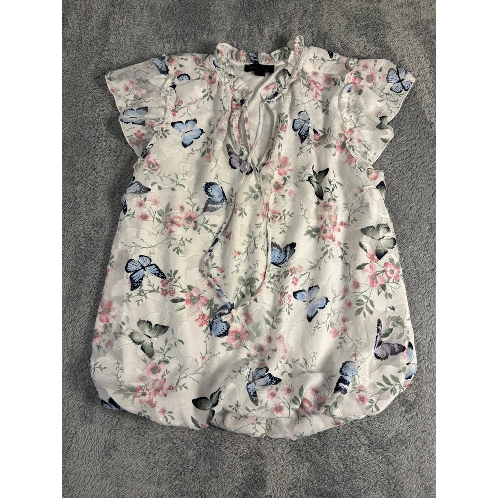 Tamara H Butterfly Floral Flutter Sleeve Blouse White Pink Blue Small